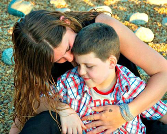 mother and son in garden